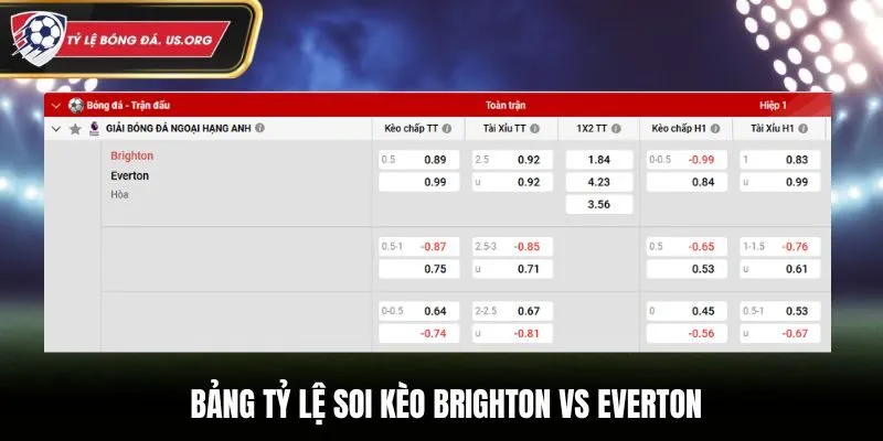 Bảng tỷ lệ soi kèo Brighton vs Everton chi tiết